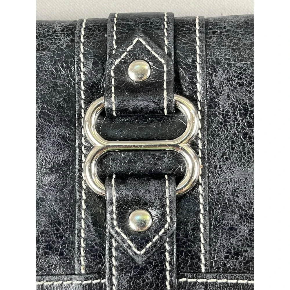 Vintage Isabella Fiore Black Leather Wallet Y2K Silver Buckle Trifold